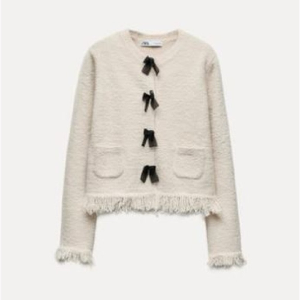 Zara Set Cream Cardigan with Black Bow and matching Skirt